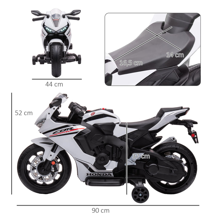 Mota Elétrica com Licença HONDA para Crianças de 3-5 Anos Mota a Bateria 6V com Farol Buzina Música e Rodas Auxiliares Removíveis Carga Máxima 30kg 90x44x52cm Branco