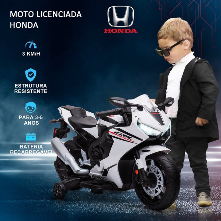 Mota Elétrica com Licença HONDA para Crianças de 3-5 Anos Mota a Bateria 6V com Farol Buzina Música e Rodas Auxiliares Removíveis Carga Máxima 30kg 90x44x52cm Branco