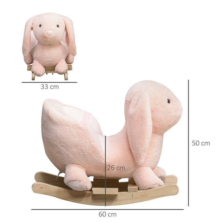 Baloiço Infantil com Forma de Coelho de Pelúcia Baloiço para Bebés 18-36 Meses com Som Cinto de Segurança Guidão e Apoio para os Pés 60x33x50cm Rosa