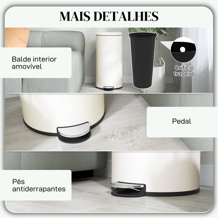 Balde de Lixo para Cozinha 30L Cubo de Lixo com Pedal Tampa com Fechamento Suave e Cubo Amovível para Escritório Estúdio Creme