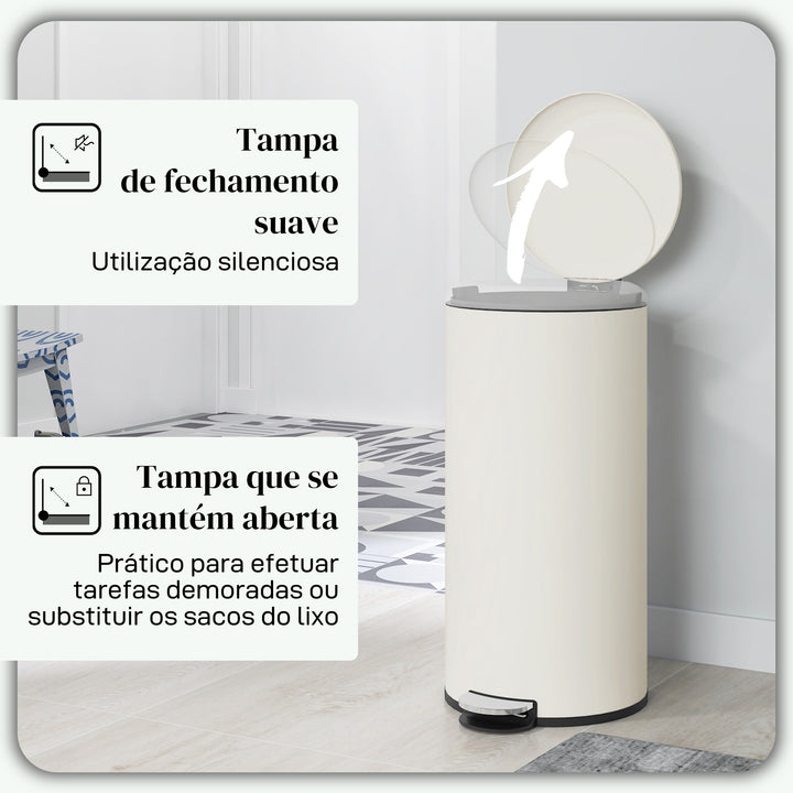 Balde de Lixo para Cozinha 30L Cubo de Lixo com Pedal Tampa com Fechamento Suave e Cubo Amovível para Escritório Estúdio Creme