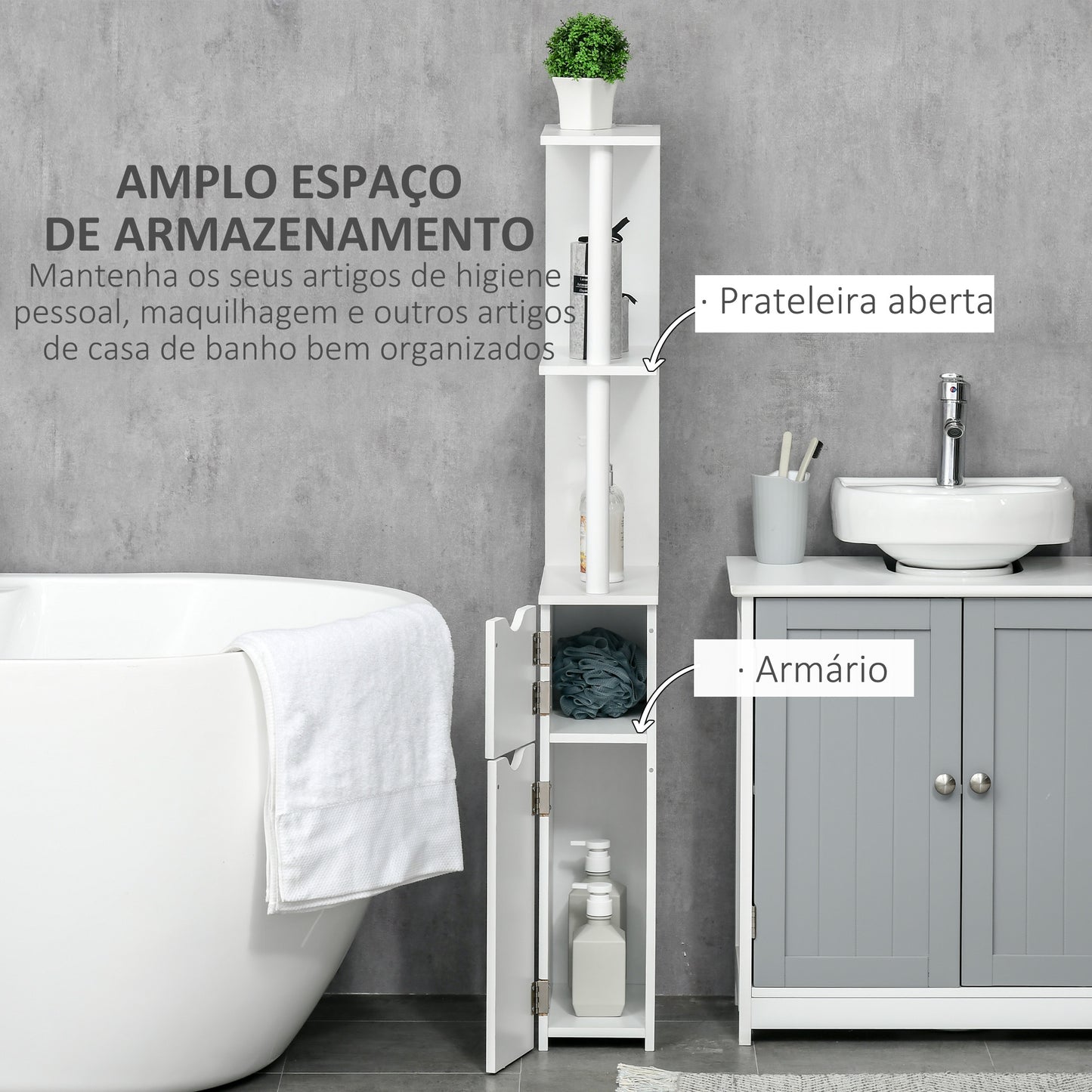 Coluna Casa de Banho com 2 Portas e 2 Prateleiras Abertas Armário Alto para Casa de Banho Sala de Estar Dormitório Estilo Moderno 15,2x29,8x118cm Branco