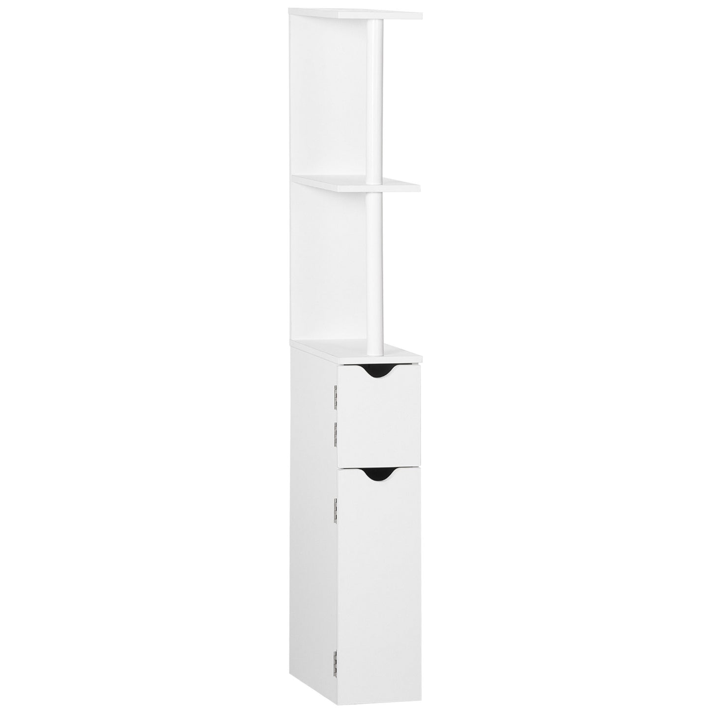 Coluna Casa de Banho com 2 Portas e 2 Prateleiras Abertas Armário Alto para Casa de Banho Sala de Estar Dormitório Estilo Moderno 15,2x29,8x118cm Branco