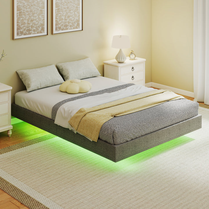 Cama 140x190 cm com Luzes LED Estofada em Linho Ripas de Madeira Silenciosa Fácil de Montar Cinzento
