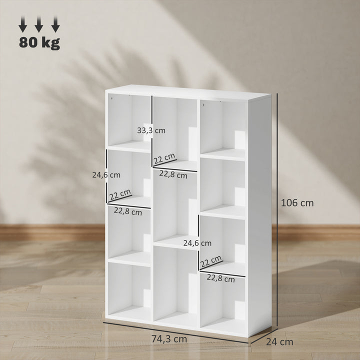 Estante de 3 Níveis Estante para Livros com 11 Compartimentos Desenho Vertical ou Horizontal para Sala de Estar Escritório Dormitório 74,3x24x106 cm Branco