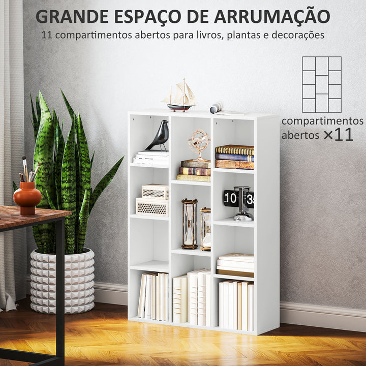 Estante de 3 Níveis Estante para Livros com 11 Compartimentos Desenho Vertical ou Horizontal para Sala de Estar Escritório Dormitório 74,3x24x106 cm Branco