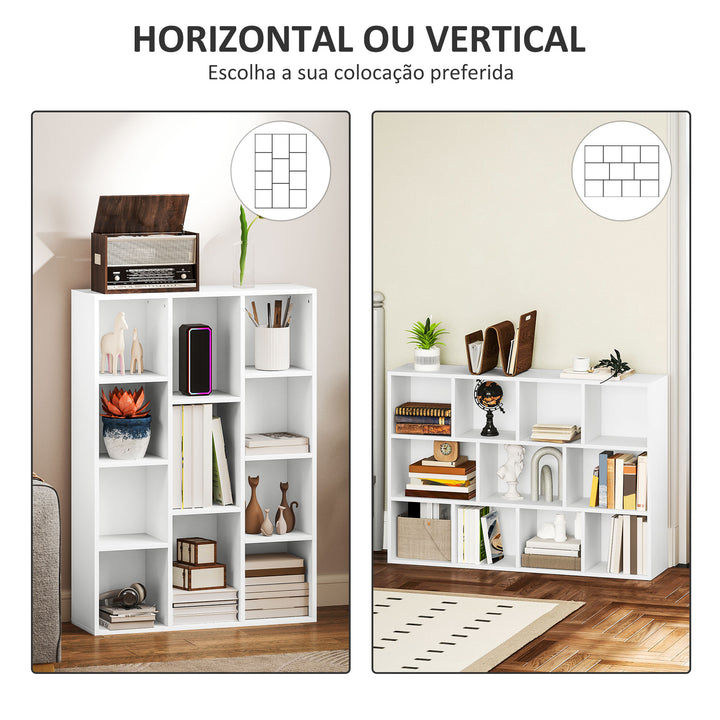 Estante de 3 Níveis Estante para Livros com 11 Compartimentos Desenho Vertical ou Horizontal para Sala de Estar Escritório Dormitório 74,3x24x106 cm Branco