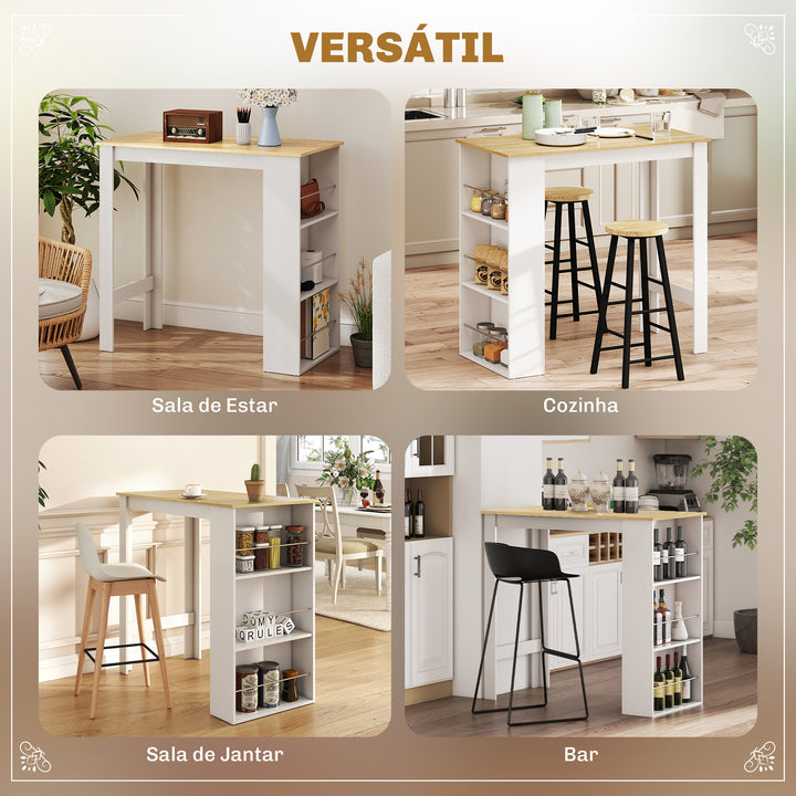 Mesa de Bar de Bistrô com 3 Prateleiras com Suporte Estilo Moderno para Cozinha Sala de Jantar Sala de Estar Estrutura de Melamina 112x57x106 cm Branco