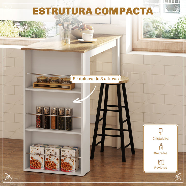 Mesa de Bar de Bistrô com 3 Prateleiras com Suporte Estilo Moderno para Cozinha Sala de Jantar Sala de Estar Estrutura de Melamina 112x57x106 cm Branco