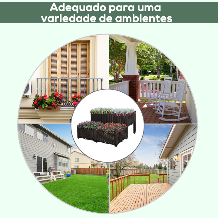 Conjunto de 4 Floreiras Quadradas Floreiras para Flores e Vegetais com Orifícios de Drenagem e Pés Altos 80x40x26-44 cm Marrom