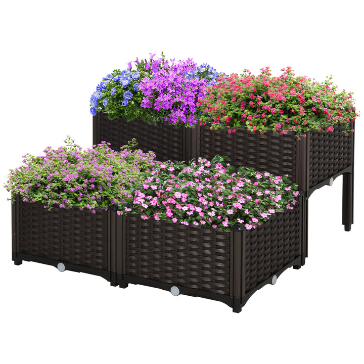Conjunto de 4 Floreiras Quadradas Floreiras para Flores e Vegetais com Orifícios de Drenagem e Pés Altos 80x40x26-44 cm Marrom