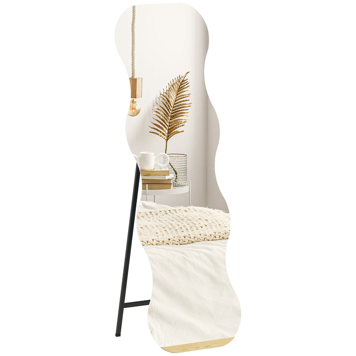 Espelho de Pé 160x50 cm sem Moldura Espelho de Corpo Inteiro com Forma Ondulada Suporte e Base de Madeira Montagem no Chão ou Apoiado na Parede para Sala Entrada e Quarto Preto