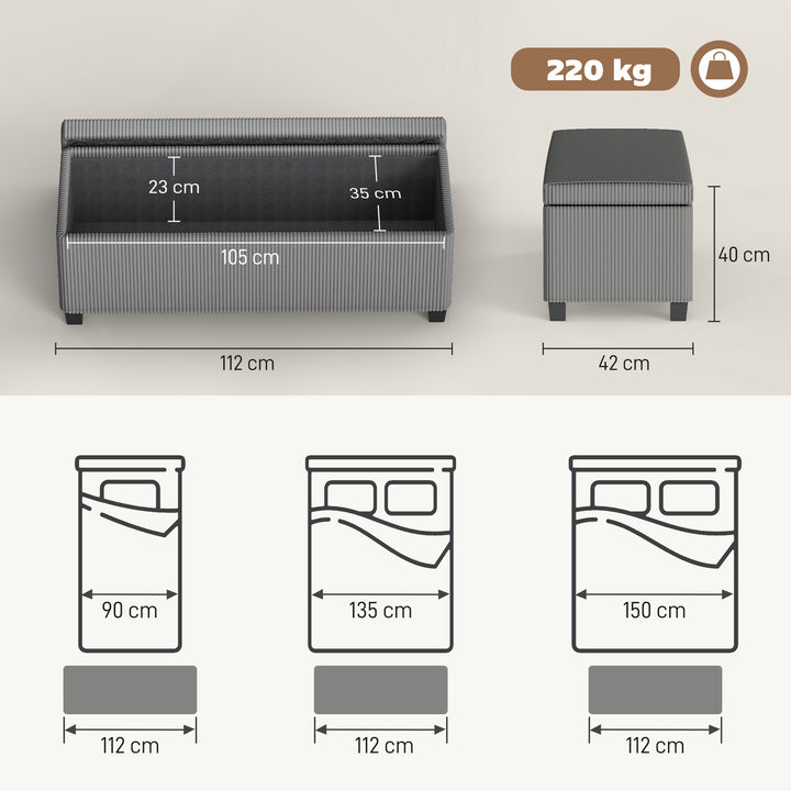 Banco de Arrumação Banco com Armazenamento Capacidade de 84 L 112x42x40 cm Estofado em Veludo Banco Pé de Cama para Dormitório Cinzento