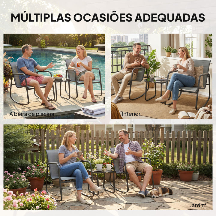 Conjunto de Mesa e Cadeiras de Terraço Exterior de 3 Peças, Móveis de Jardim com 2 Cadeiras de Balanço Mesa com Tampo de Vidro e Estrutura de Aço para Varanda ou Pátio Cinza