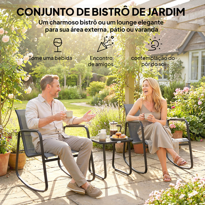 Conjunto de Mesa e Cadeiras de Terraço Exterior de 3 Peças, Móveis de Jardim com 2 Cadeiras de Balanço Mesa com Tampo de Vidro e Estrutura de Aço para Varanda ou Pátio Cinza