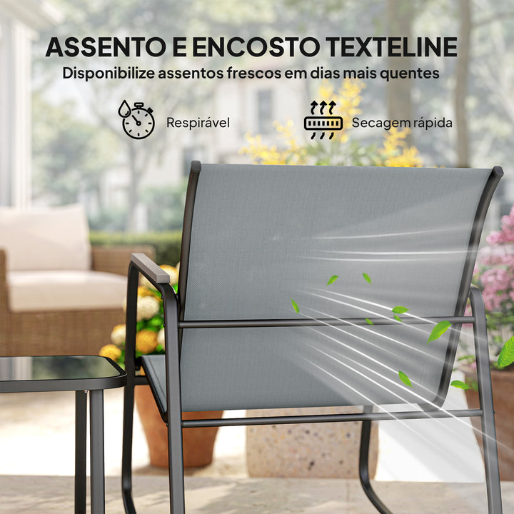 Conjunto de Mesa e Cadeiras de Terraço Exterior de 3 Peças, Móveis de Jardim com 2 Cadeiras de Balanço Mesa com Tampo de Vidro e Estrutura de Aço para Varanda ou Pátio Cinza