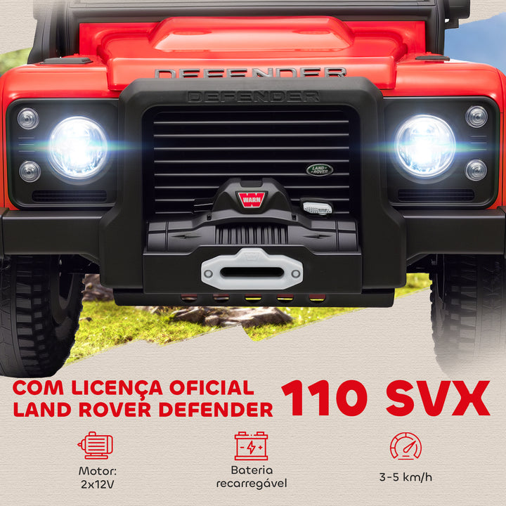 Carro Elétrico para Crianças com Licença Land Rover 12V Carro a Bateria Infantil com Controlo Remoto Sistema de Suspensão USB MP3 Velocidade Ajustável Faróis 115x61x61 cm Vermelho