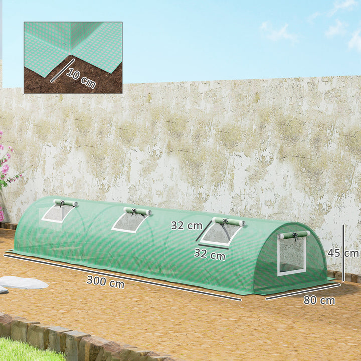 Estufa de Exterior 300x80x45 cm Estufa de Jardim com 5 Janelas de Rede Enroláveis, Estrutura em Aço e Cobertura de PE 140g/m² Anti-UV para Cultivo de Plantas e Flores Verde