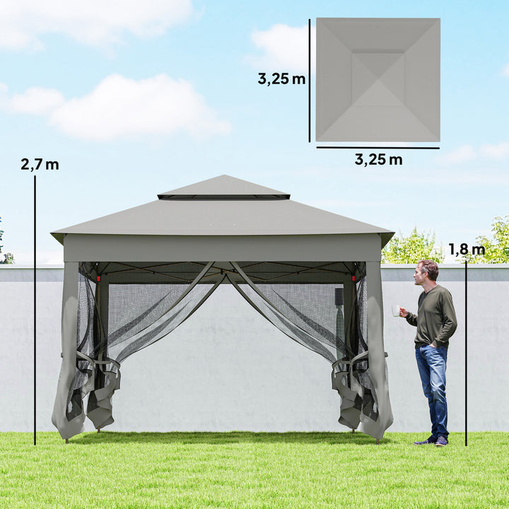 Tenda Dobrável Exterior 325x325x270 cm Tenda de Jardim com Teto Duplo Rede Mosquiteira Amovível e Bolsa de Transporte para Jardim Pátio Cinzento