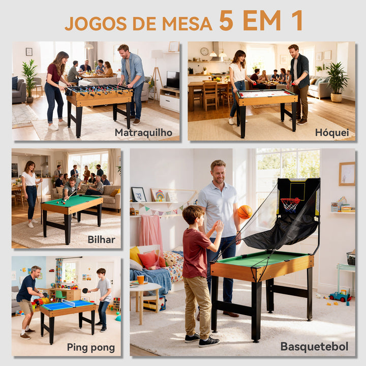 Mesa Multijogos 5 em 1 Mesa de Jogo com Matraquilho para Crianças Bilhar Ping-Pong Hóquei e Basquetebol Diversão Familiar para Adultos e Crianças 134x108x144 cm Madeira e Preto