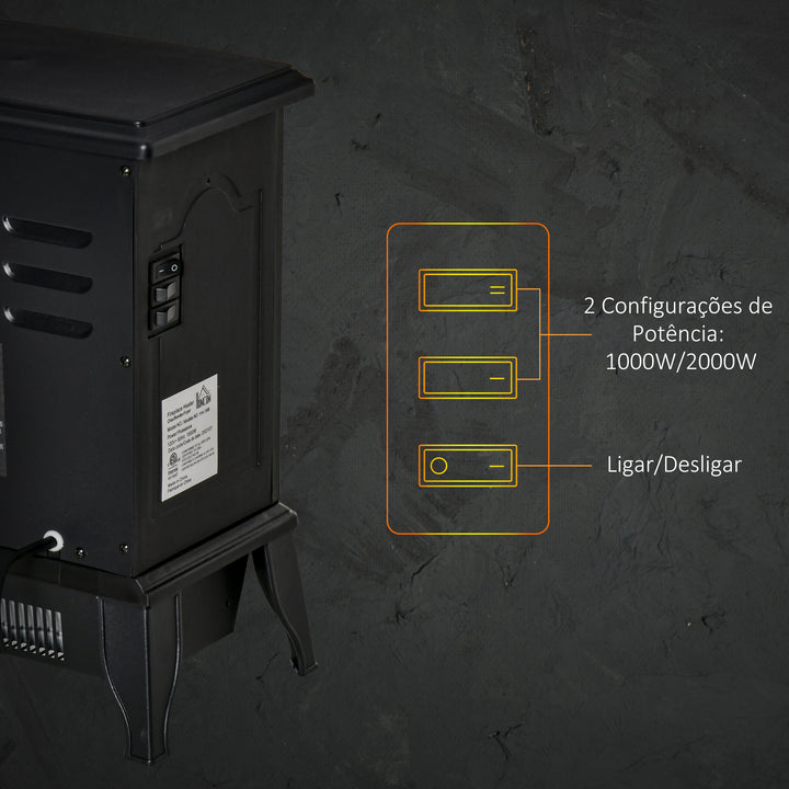 Lareira Elétrica Portátil 1000/2000W com Simulação de Chama Termostato Ajustável e Proteção de Superaquecimento para Salas de até 25m² 36,5x24x41,5cm Preto