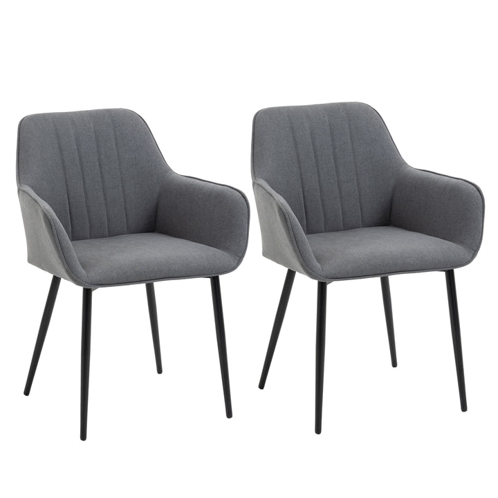 Conjunto de 2 cadeiras de jantar decorativas estofadas em linho com encosto ergonômico, braços e pernas de metal 59,5x56,5x81 cm cinza