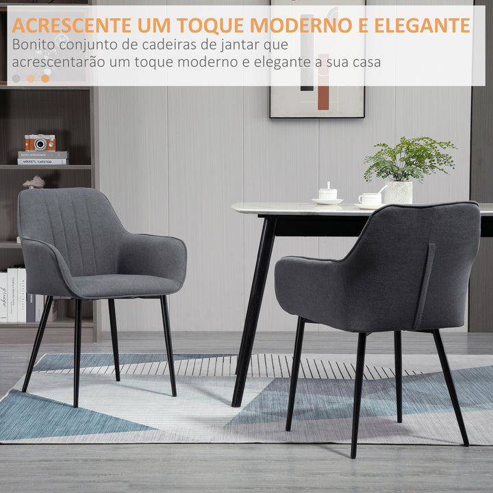Conjunto de 2 cadeiras de jantar decorativas estofadas em linho com encosto ergonômico, braços e pernas de metal 59,5x56,5x81 cm cinza