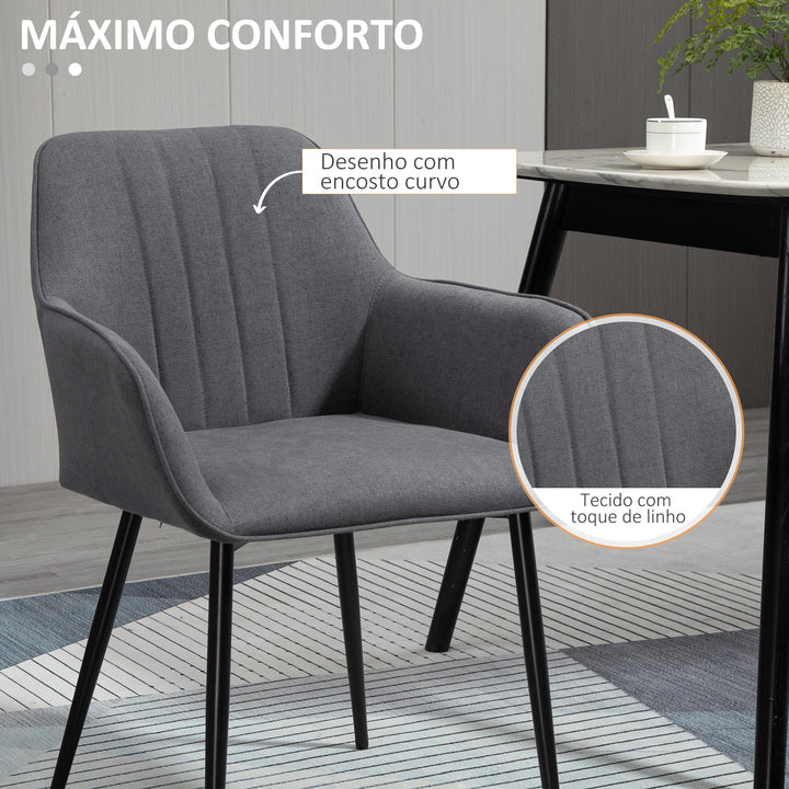 Conjunto de 2 cadeiras de jantar decorativas estofadas em linho com encosto ergonômico, braços e pernas de metal 59,5x56,5x81 cm cinza
