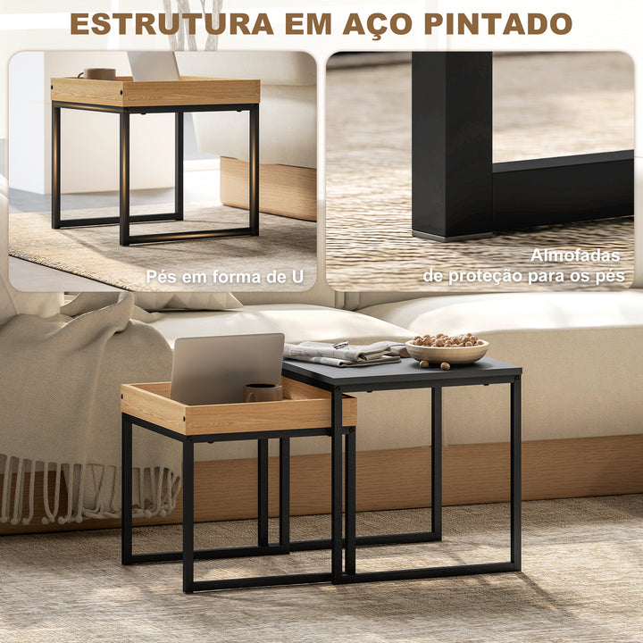 Mesas Auxiliares para Sala de Estar Conjunto de 2 Mesas com Estrutura de Aço Mesas de Centro Pequenas para Dormitório Preto e Carvalho
