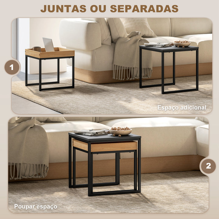 Mesas Auxiliares para Sala de Estar Conjunto de 2 Mesas com Estrutura de Aço Mesas de Centro Pequenas para Dormitório Preto e Carvalho