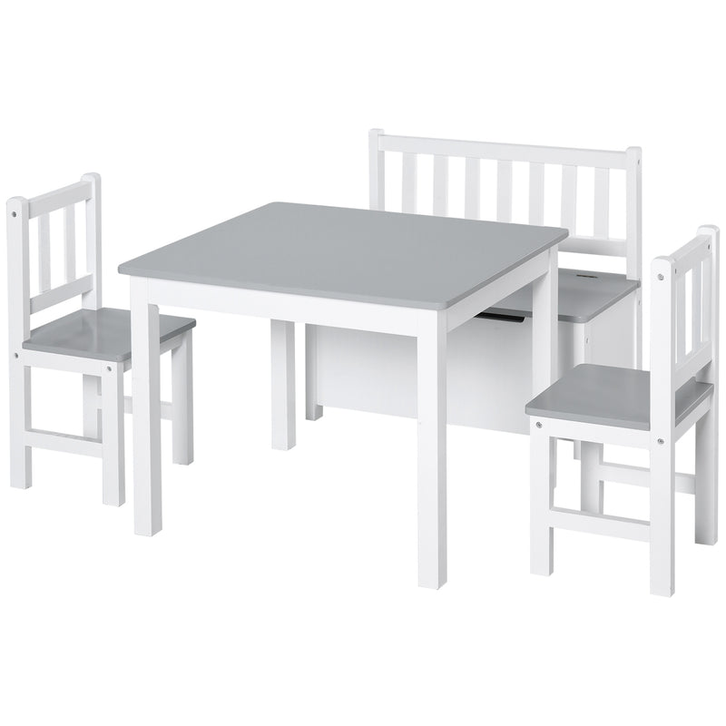 Conjunto Infantil de Mesa 2 Cadeiras e Banco com Armazenamento Móveis Infantil para Sala de Jogos Dormitório Branco e Cinza