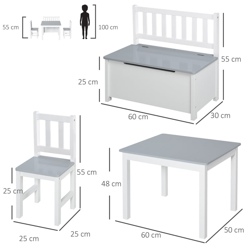 Conjunto Infantil de Mesa 2 Cadeiras e Banco com Armazenamento Móveis Infantil para Sala de Jogos Dormitório Branco e Cinza