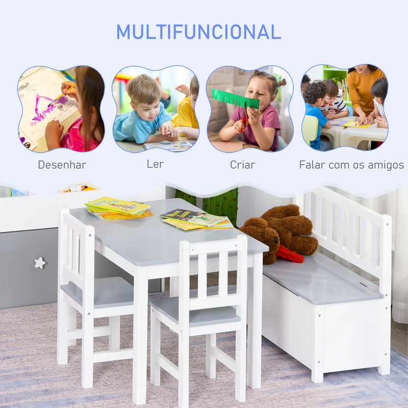 Conjunto Infantil de Mesa 2 Cadeiras e Banco com Armazenamento Móveis Infantil para Sala de Jogos Dormitório Branco e Cinza