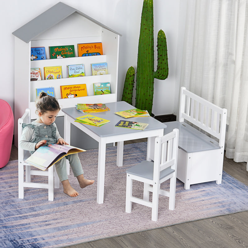 Conjunto Infantil de Mesa 2 Cadeiras e Banco com Armazenamento Móveis Infantil para Sala de Jogos Dormitório Branco e Cinza