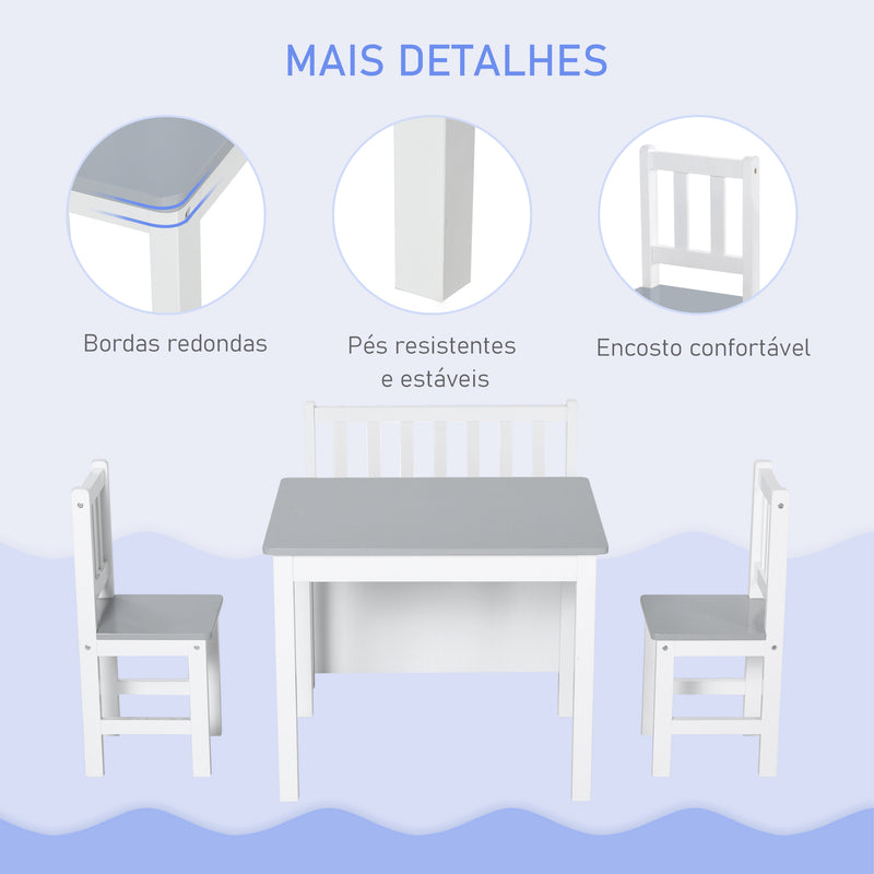 Conjunto Infantil de Mesa 2 Cadeiras e Banco com Armazenamento Móveis Infantil para Sala de Jogos Dormitório Branco e Cinza