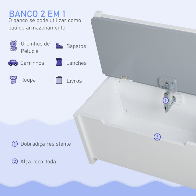 Conjunto Infantil de Mesa 2 Cadeiras e Banco com Armazenamento Móveis Infantil para Sala de Jogos Dormitório Branco e Cinza