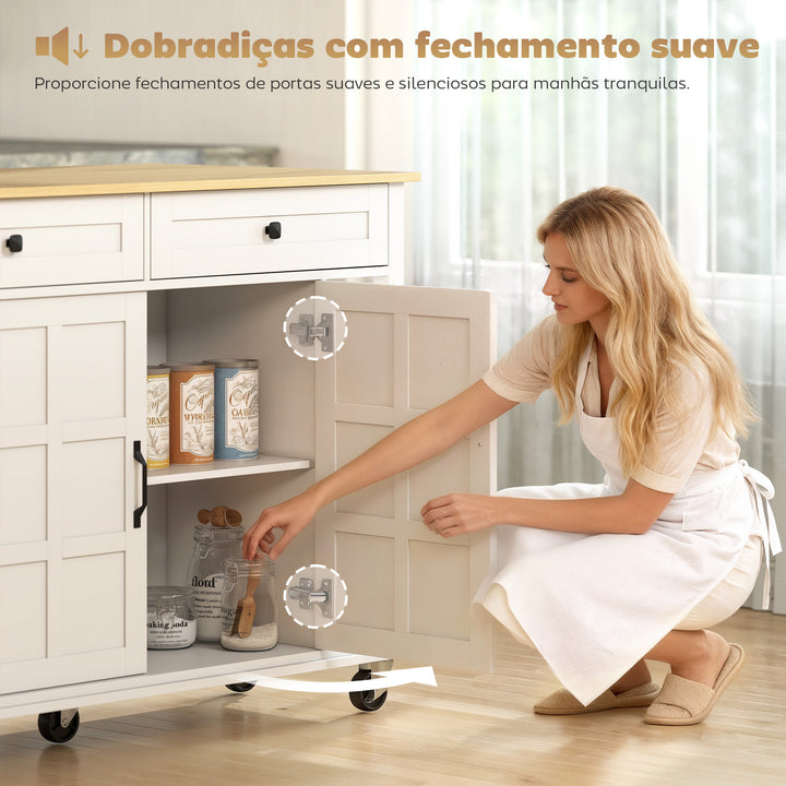 Ilha de Cozinha com Rodas Bancada Dobrável Carrinho de Cozinha com 2 Portas com Fecho Suave 2 Gavetas 6 Prateleiras Abertas 120x65x89 cm Branco