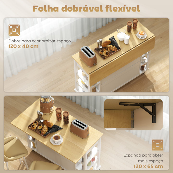 Ilha de Cozinha com Rodas Bancada Dobrável Carrinho de Cozinha com 2 Portas com Fecho Suave 2 Gavetas 6 Prateleiras Abertas 120x65x89 cm Branco