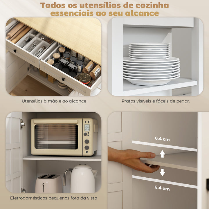 Ilha de Cozinha com Rodas Bancada Dobrável Carrinho de Cozinha com 2 Portas com Fecho Suave 2 Gavetas 6 Prateleiras Abertas 120x65x89 cm Branco