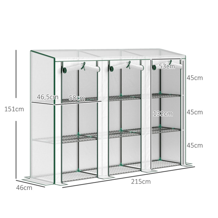 Estufa Pequena Estufa de Exterior com Prateleiras de 3 Níveis Portas com Fecho de Correr e Estrutura de Aço Estufa para Cultivar Plantas Flores 215x46x151 cm Branco