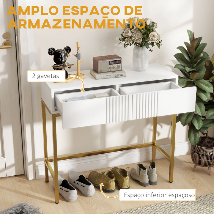 Mesa Consola Moderna Mesa de Entrada com 2 Gavetas e Pés de Aço Anti-tombo para Entrada Sala Corredor 80x31,5x75 cm Branco