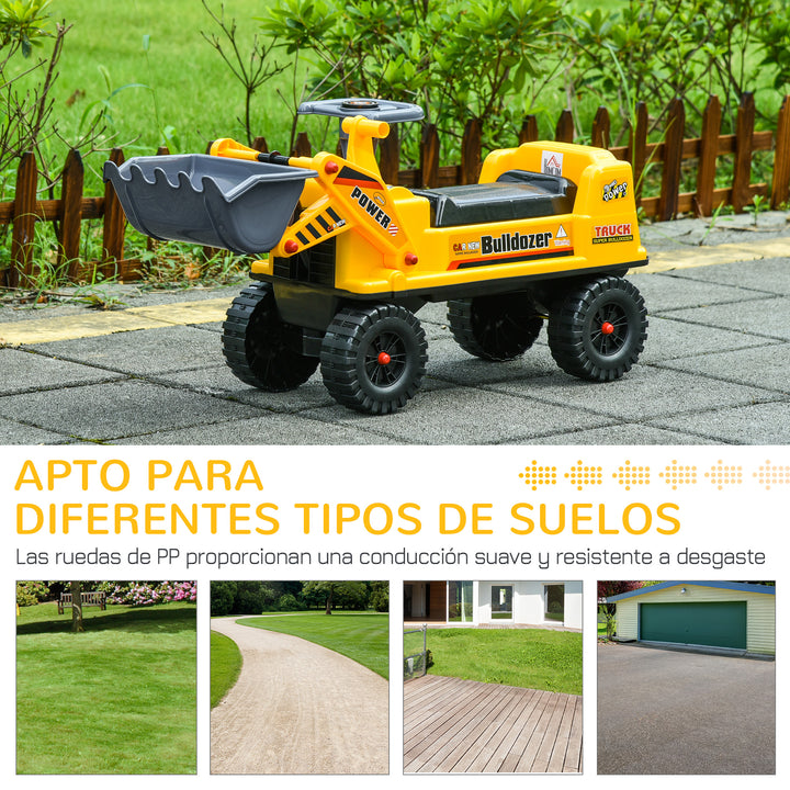 Trator sem Pedais para Crianças de 2-3 Anos com Pá Escavadora Espaço de Armazenamento Oculto Volante e Buzina 70x26x37cm Amarelo