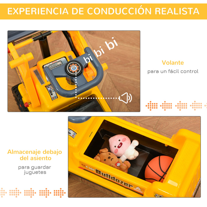 Trator sem Pedais para Crianças de 2-3 Anos com Pá Escavadora Espaço de Armazenamento Oculto Volante e Buzina 70x26x37cm Amarelo