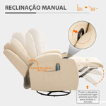 Poltrona de Massagem Reclinável até 150° Poltrona Relax com 8 Pontos de Massagem por Vibração Função de Aquecimento Giratória e Controlo Remoto 85x94x104 cm Creme