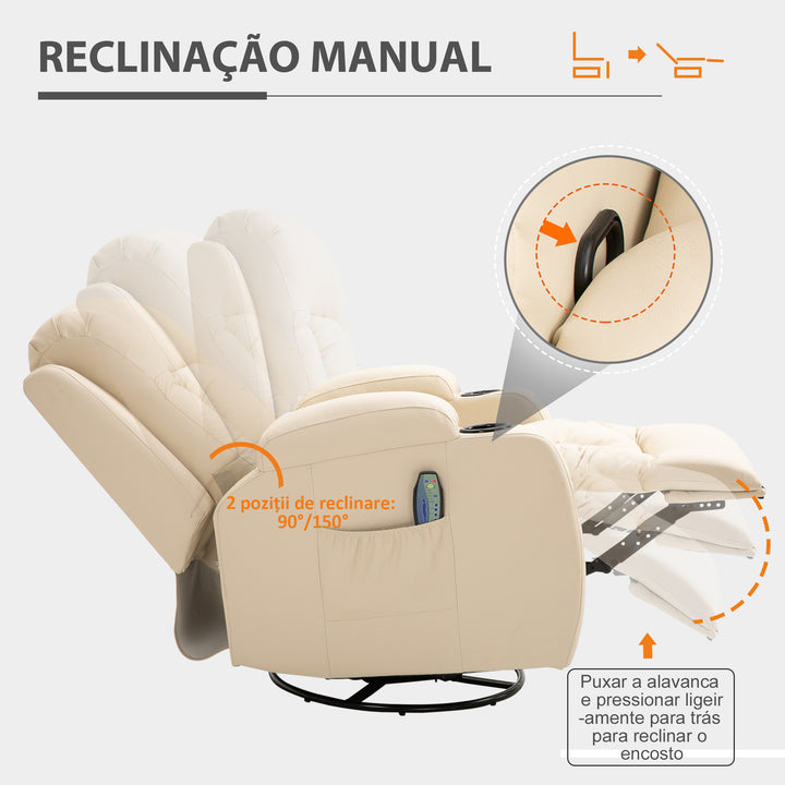 Poltrona de Massagem Reclinável até 150° Poltrona Relax com 8 Pontos de Massagem por Vibração Função de Aquecimento Giratória e Controlo Remoto 85x94x104 cm Creme