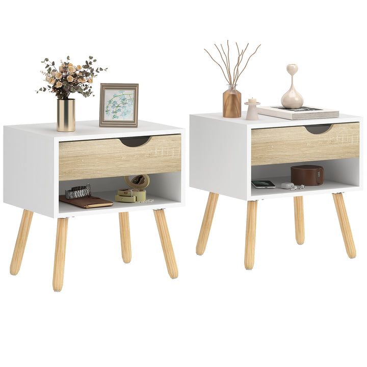 Conjunto de 2 Mesas de Cabeceira Mesa Auxiliar com 1 Gaveta e Prateleira de Armazenamento para Dormitório Sala de Estar Escritório Estilo Moderno 50x39x51cm Branco e Carvalho