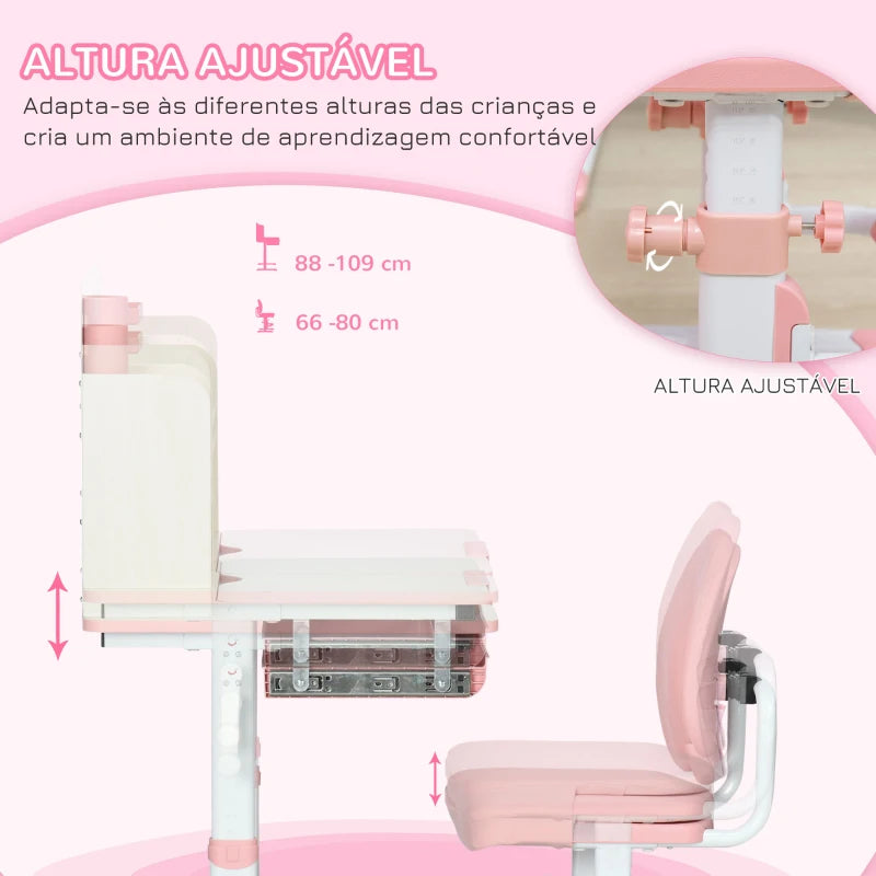 Conjunto de Secretária e Cadeira para Crianças acima de 3 Anos com Altura Ajustável Gaveta Prateleiras e Bancada Inclinável 80x52x88-109 cm Rosa e Branco