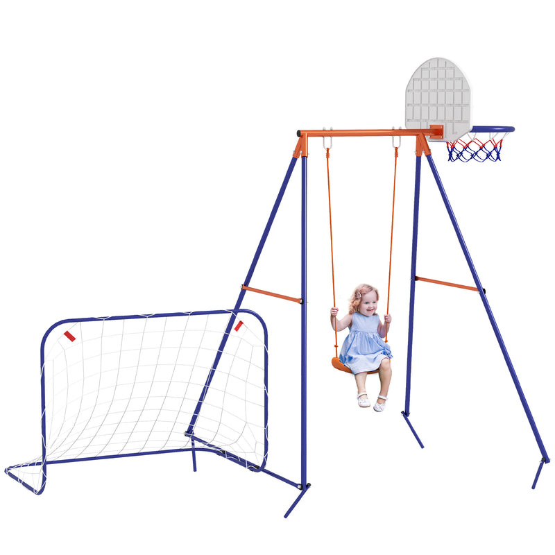 Baloiço Infantil 3 em 1 Baloiço para Crianças de 3-8 Anos com Tabela de Basquetebol e Baliza de Futebol Desmontável e Estrutura de Aço Carga Máxima 45 kg para Exterior Multicor