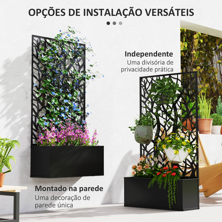 Floreira de Exterior Floreira de Metal com Ecrã de Privacidade com Ramos Decorativos Floreira de Parede ou Independente para Pátio Varanda 61x23x113 cm Preto