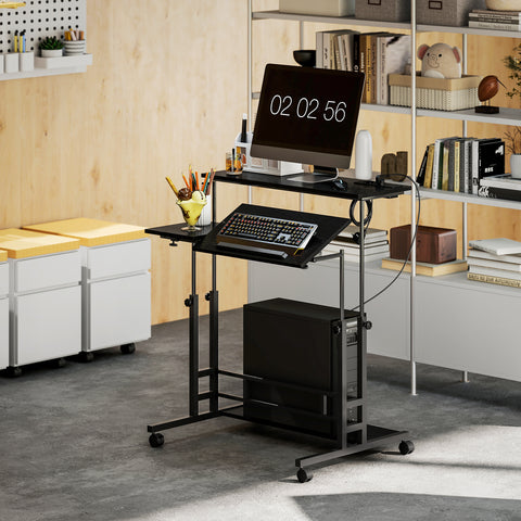 Secretária Elevatória com Rodas Tomadas Portas USB e Altura Ajustável 80x60 cm Secretária de Pé com Painel Central Inclinado e Prateleira Inferior de Arrumação, para Escritório Casa 80x60x59,5-95 cm Preto